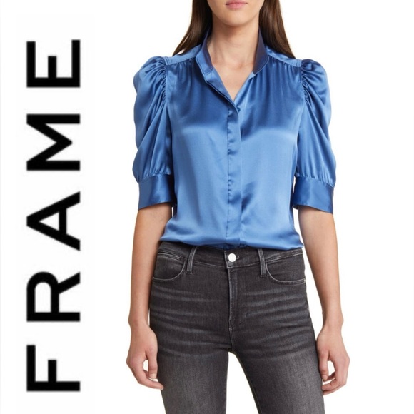 Frame Denim Tops - NWT💝FRAME Gillian Silk Collared Puff-Sleeve Top in Slate Blue Size S